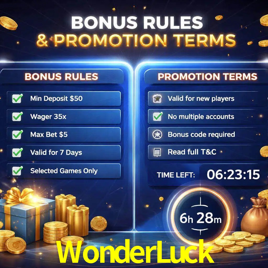 Reglas de promoción WonderLuck y condiciones de bonos explicadas visualmente