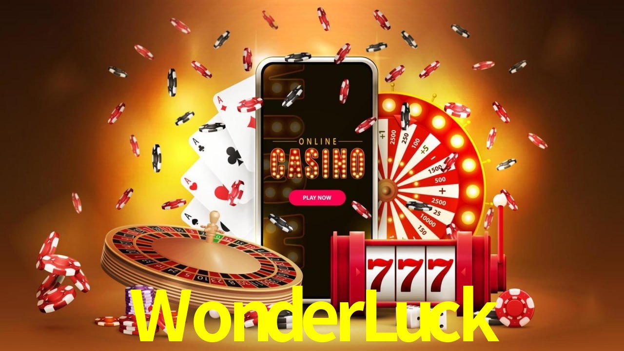 Escena dinámica inspirada en casino con iluminación WonderLuck, cartas, fichas e íconos de juegos digitales en un espacio moderno de juegos.