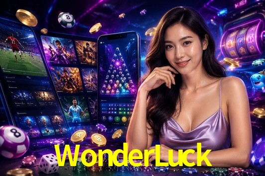 Una escena digital vívida inspirada en casino con WonderLuck mostrado prominentemente, luces brillantes, fichas, cartas y acentos dorados.