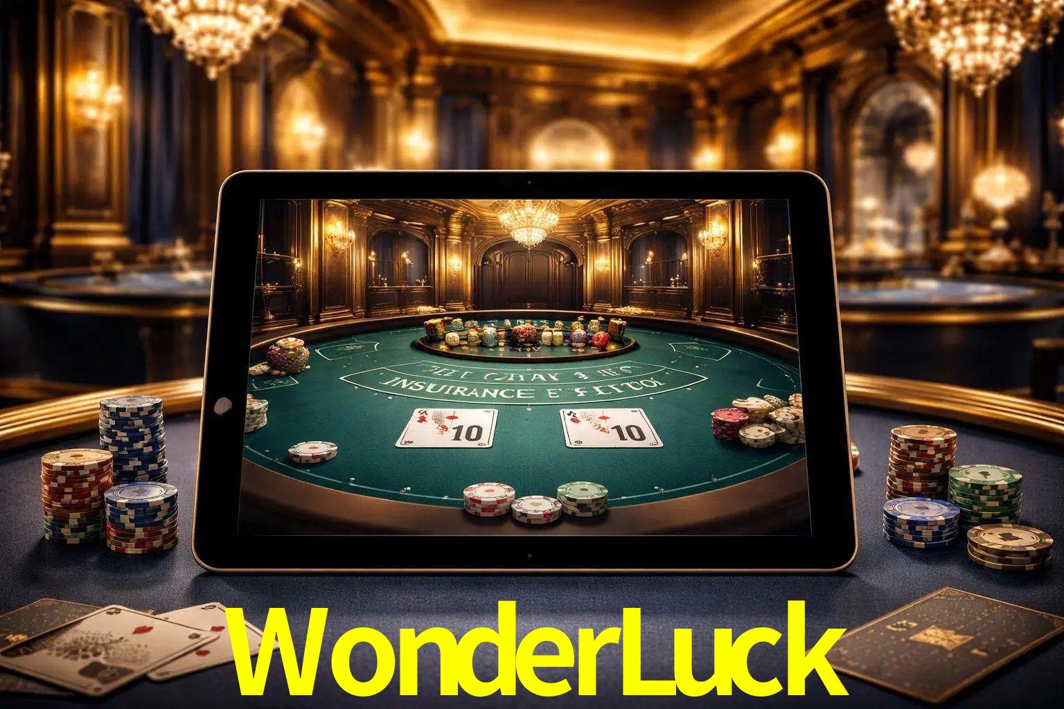 Configuración moderna de casino en vivo con una tableta mostrando una mesa de blackjack, luces cálidas de estudio y una atmósfera elegante de juegos digitales.