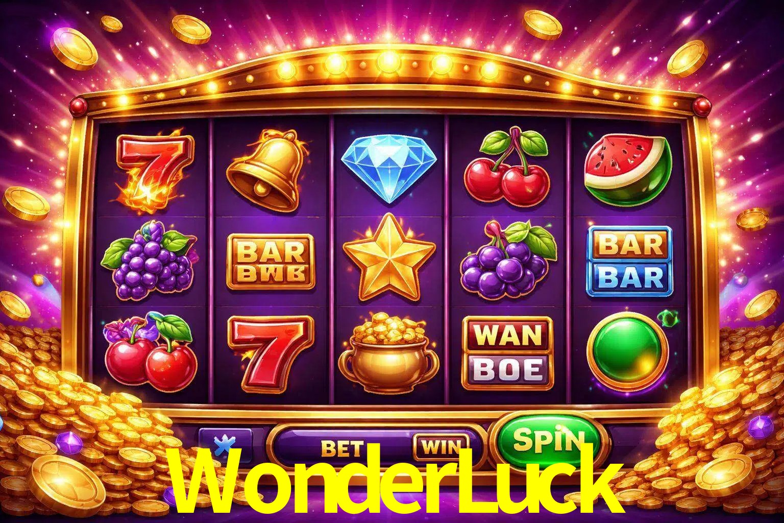 Una interfaz colorida de tragamonedas en línea con símbolos brillantes, monedas y un efecto de victoria celebratoria en WonderLuck.