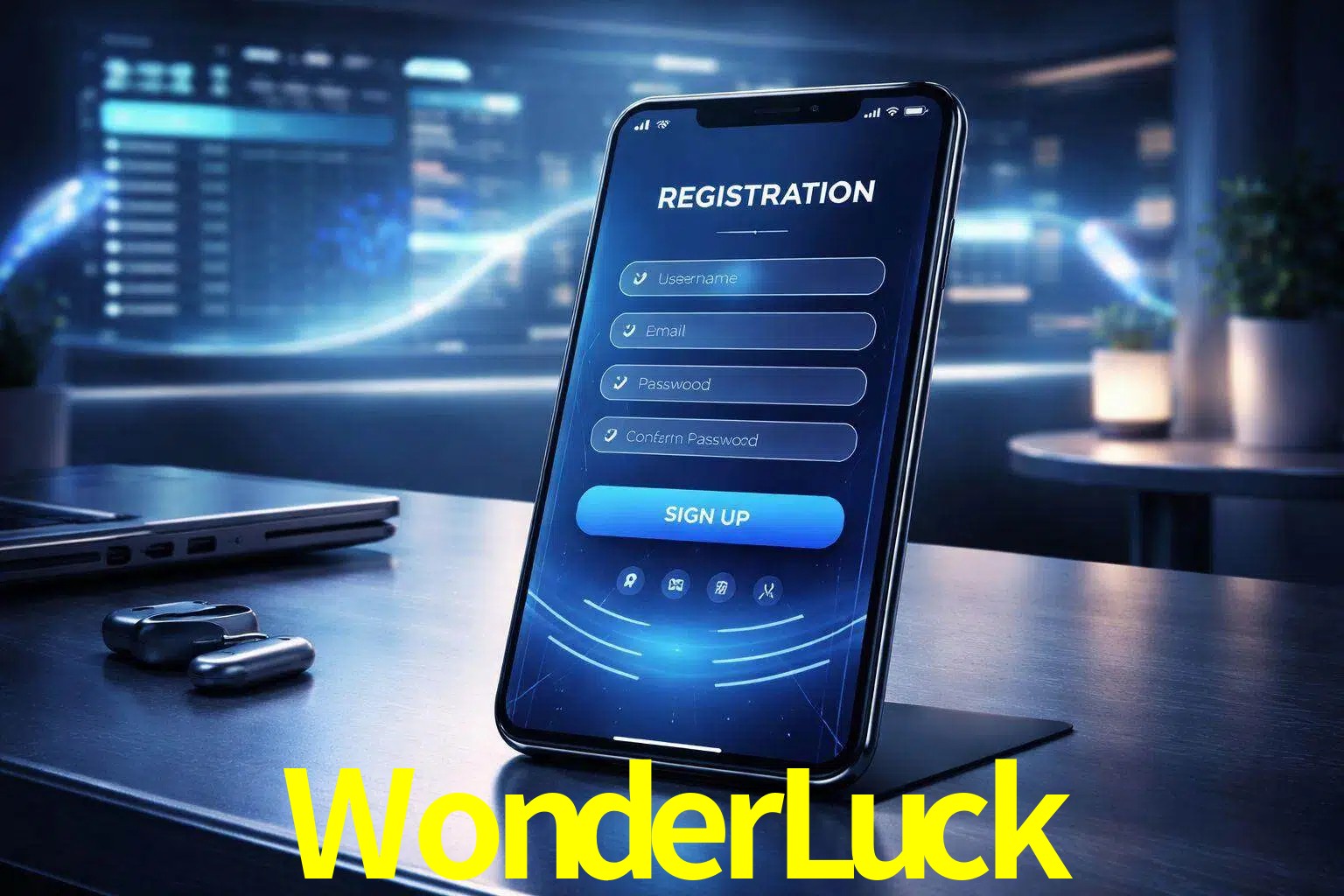 Una interfaz moderna de registro móvil para WonderLuck mostrada en un smartphone con un panel de apuestas elegante.